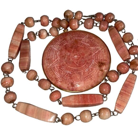 Vintage Pink Alabaster Natural Gemstone Necklace Mayan Sun Calendar Hand Carved - Picture 1 of 6
